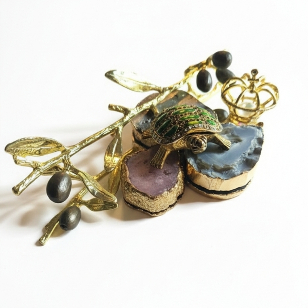Gold Turtle Pill Holder Olive Branch Crown Stones
